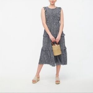 J. Crew Dress Maxi Tiered Floral Ruffle Navy Blue White Wedding Lined Travel XS